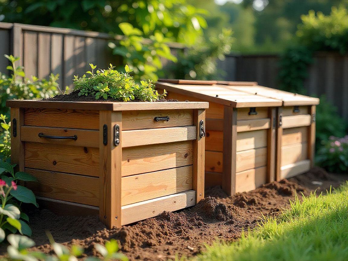 Custom compost bin system in backyard